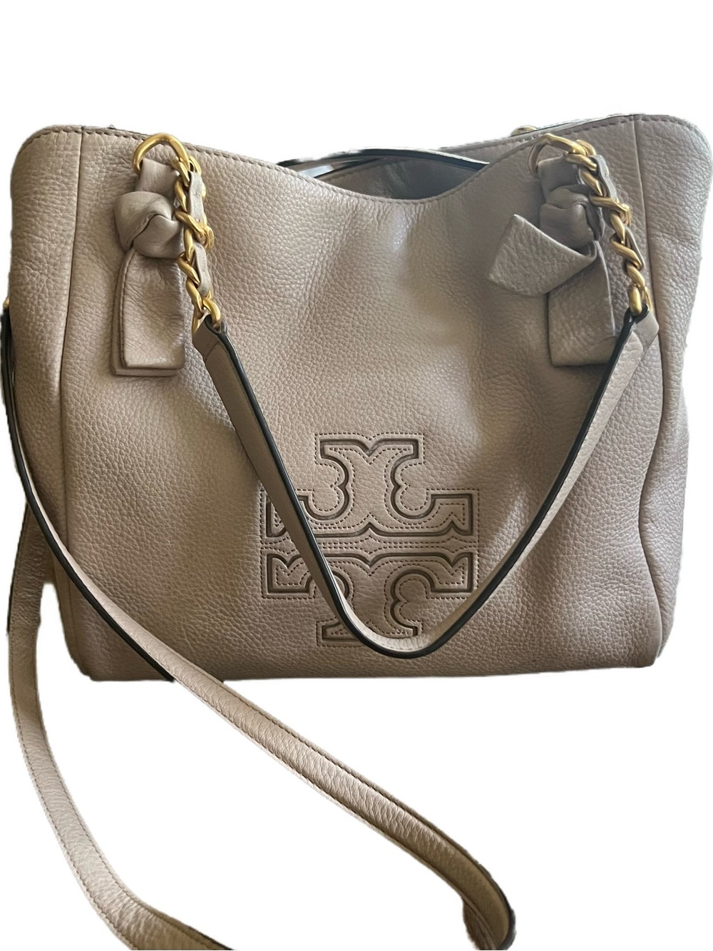 Tory Burch Harper Taupe/Stone Pebbled Leather Shoulder Bag with Gold Chain